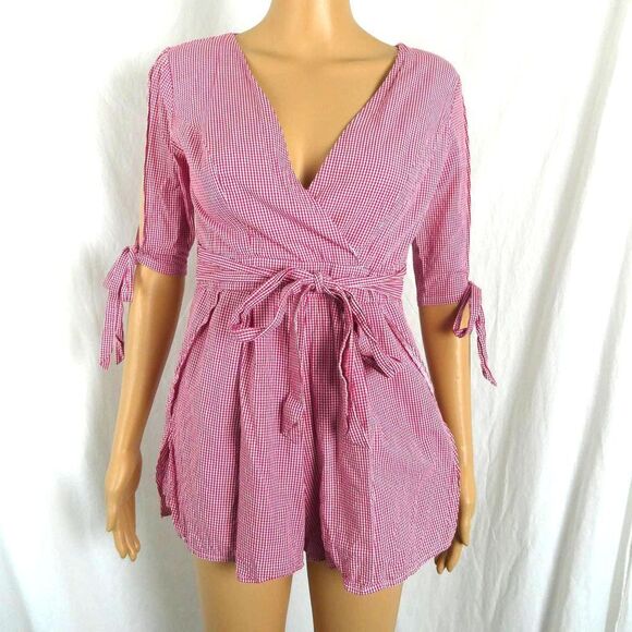 SEEK The Label Red White Checkered V Neck Crossover 1/2 Sleeve Romper Gingham Md - Picture 1 of 10